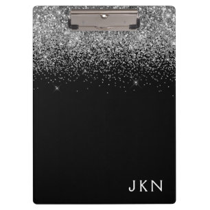 Black Silver Glitter Girly Monogram Name Clipboard