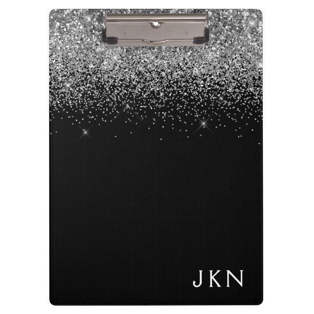 Black Silver Glitter Girly Monogram Name Clipboard (Front)