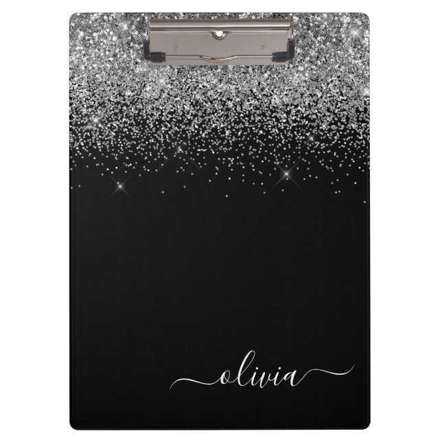 Black Silver Glitter Girly Monogram Name Clipboard (Front)