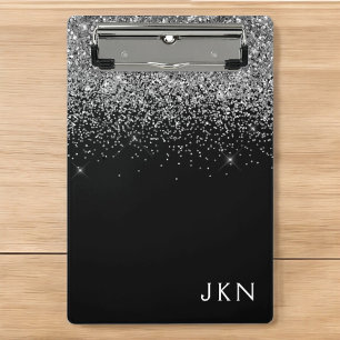 Black Silver Glitter Girly Monogram Name Mini Clipboard
