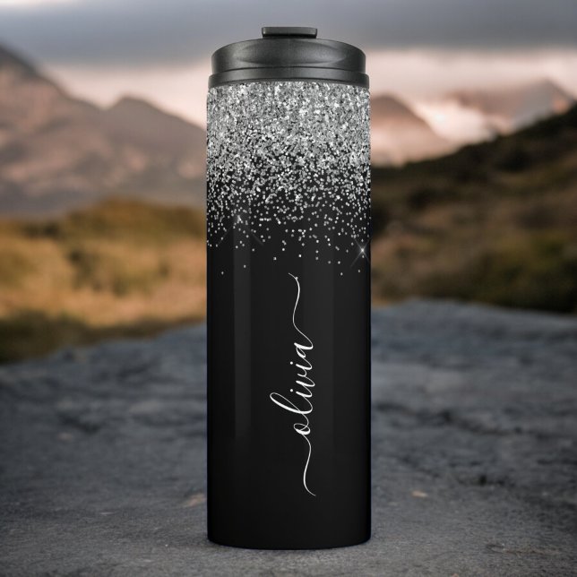 Black Silver Glitter Girly Monogram Name Thermal Tumbler (Creator Uploaded)