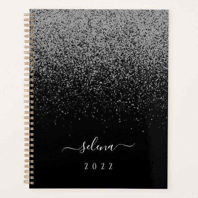 Black Silver Glitter Girly Monogram Planner (Front)