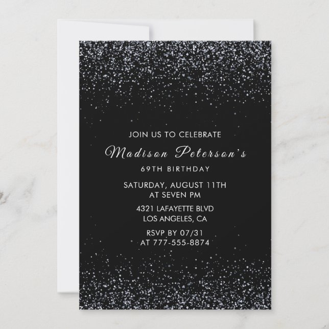 Black Silver Glitter Glam Chic 69th birthday Invitation (Front)