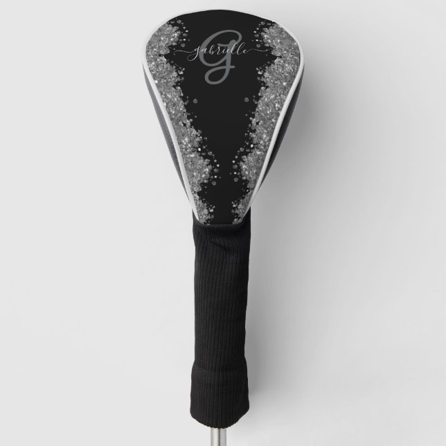 Black Silver Glitter Grey Modern Monogram Golf Head Cover (Front)