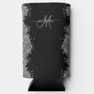 Black Silver Glitter Grey Modern Monogram Seltzer Can Cooler