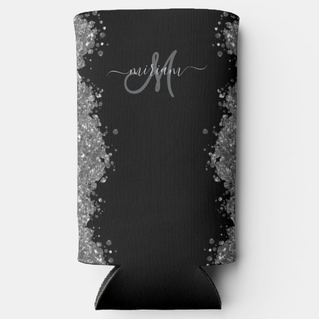 Black Silver Glitter Grey Modern Monogram Seltzer Can Cooler (Front)