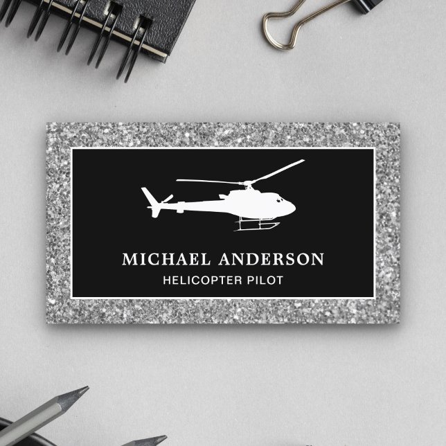 Black Silver Glitter Helicopter Pilot Business Card (Creator Uploaded)