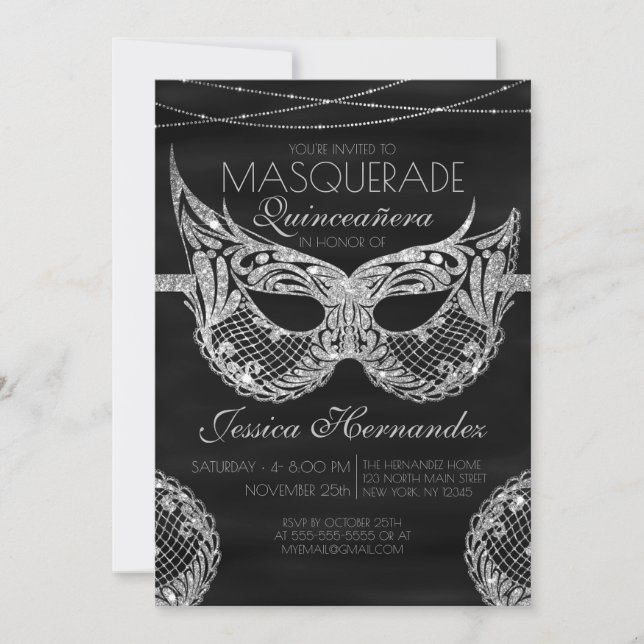 Black Silver Glitter Lace Masquerade Quinceañera Invitation (Front)