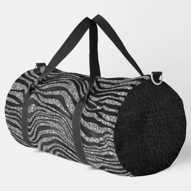 BLACK & SILVER GLITTER LOOK ANIMAL PRINTS DUFFLE BAG (Left Corner)