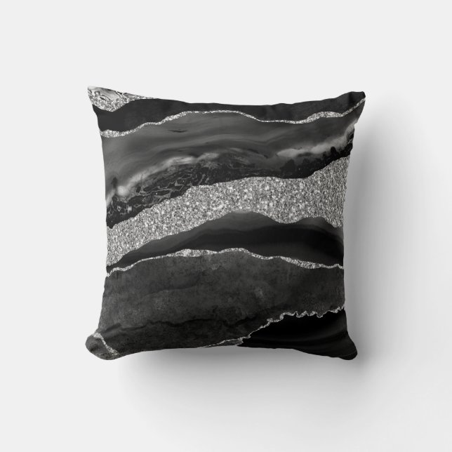 Black Silver Glitter Luxury Agate Geode Cushion (Front)