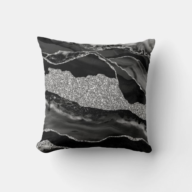 Black Silver Glitter Luxury Agate Geode Cushion (Front)