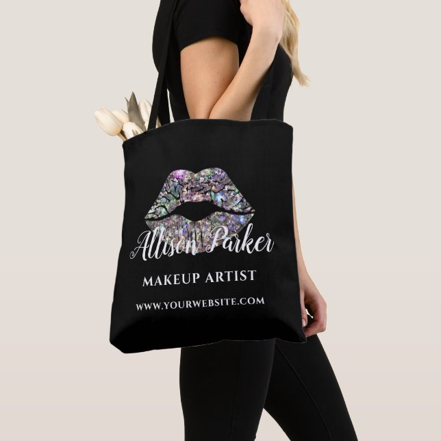 Black Silver Glitter Makeup Artist Kiss Lips  Tote Bag (Close Up)