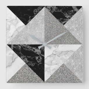 Black Silver Glitter Marble Grey Geometry Metallic Square Wall Clock