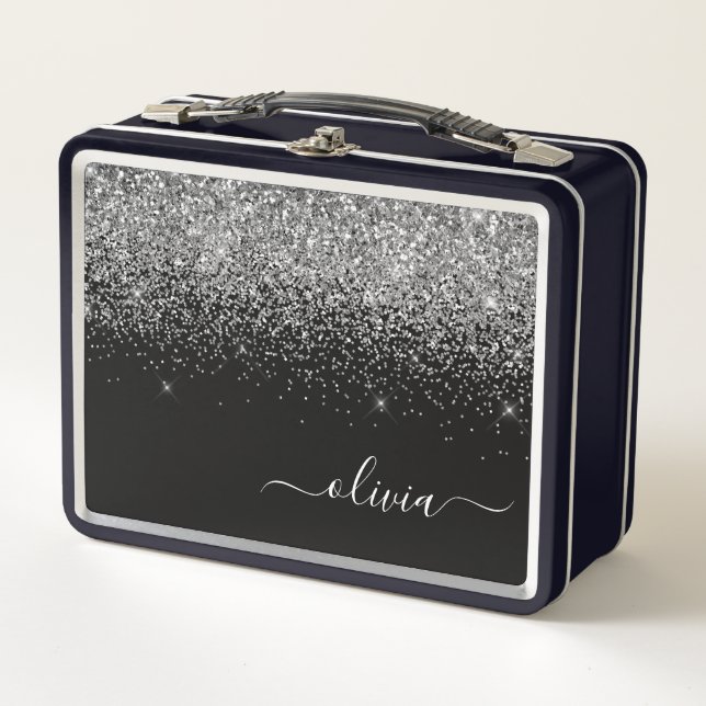 Black Silver Glitter Metal Girly Monogram Name Lunch Box (Front)