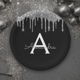 Black Silver Glitter Monogram Birthday Paper Plate