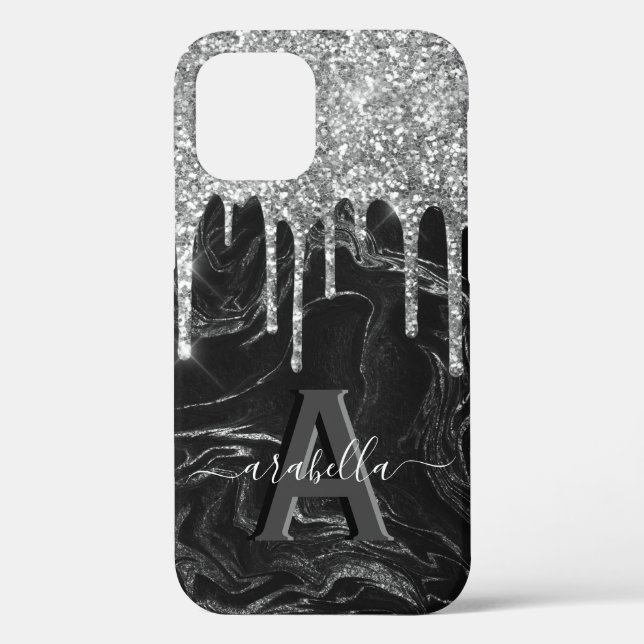 Black Silver Glitter Monogram Case-Mate iPhone Case (Back)