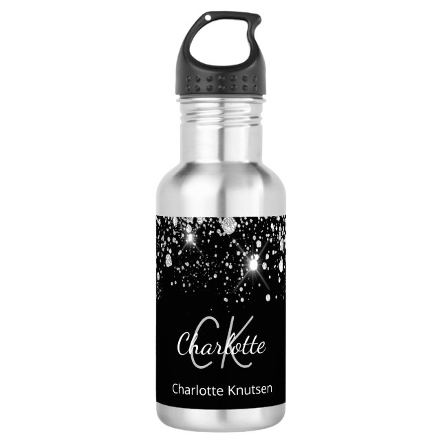 Black silver glitter monogram initials name  532 ml water bottle (Front)