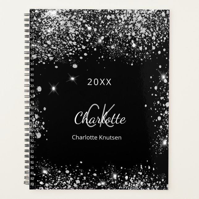 Black silver glitter monogram initials planner (Front)