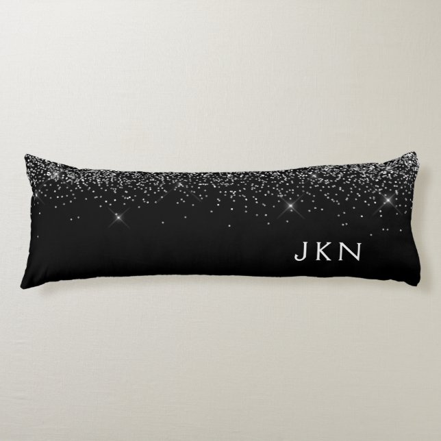 Black Silver Glitter Monogram Name Girly Body Cushion (Front)