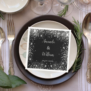 Black silver glitter monogram wedding napkin