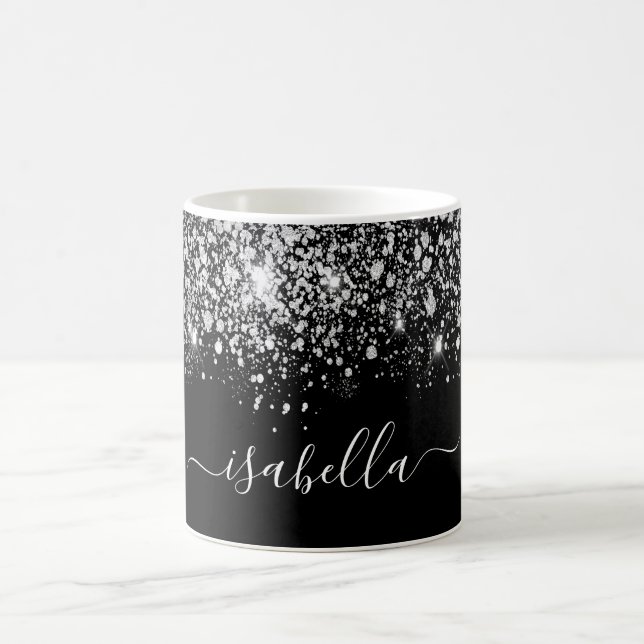 Black silver glitter name glam script coffee mug (Center)