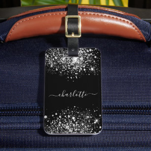 Black silver glitter name script luggage tag