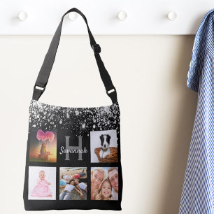 Black silver glitter photo collage monogram name crossbody bag
