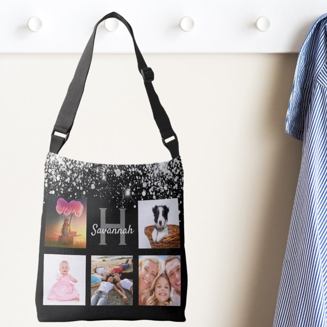 Black silver glitter photo collage monogram name crossbody bag (Creator Uploaded)