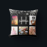 Black silver glitter photo collage monogram name cushion<br><div class="desc">A unique gift for a birthday, Christmas, mother's day, celebrating her life with a collage of 5 of your own photos, pictures. Personalise and add her name and monogram letter. A stylish black background. Decorated with faux silver glitter dust. Grey and white letters. The name is written with a modern...</div>