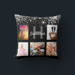 Black silver glitter photo collage monogram name cushion<br><div class="desc">A unique gift for a birthday, Christmas, mother's day, celebrating her life with a collage of 5 of your own photos, pictures. Personalise and add her name and monogram letter. A stylish black background. Decorated with faux silver glitter dust. Grey and white letters. The name is written with a modern...</div>