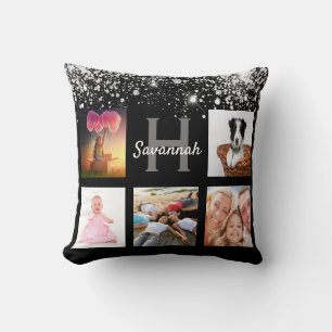 Black silver glitter photo collage monogram name cushion