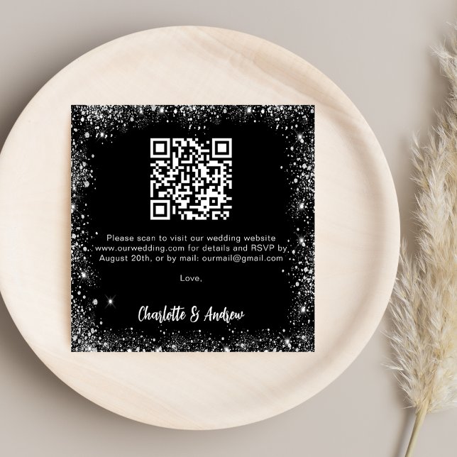 Black silver glitter QR code wedding RSVP Enclosure Card (Creator Uploaded)