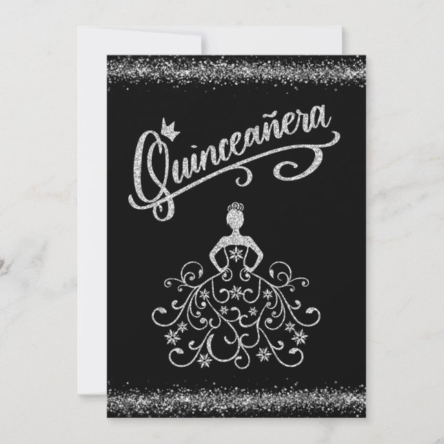 BlacK Silver Glitter Quinceañera 15 Invitation (Front)