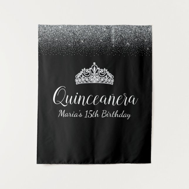Black & Silver Glitter |Quinceanera Party Backdrop Tapestry (Front)