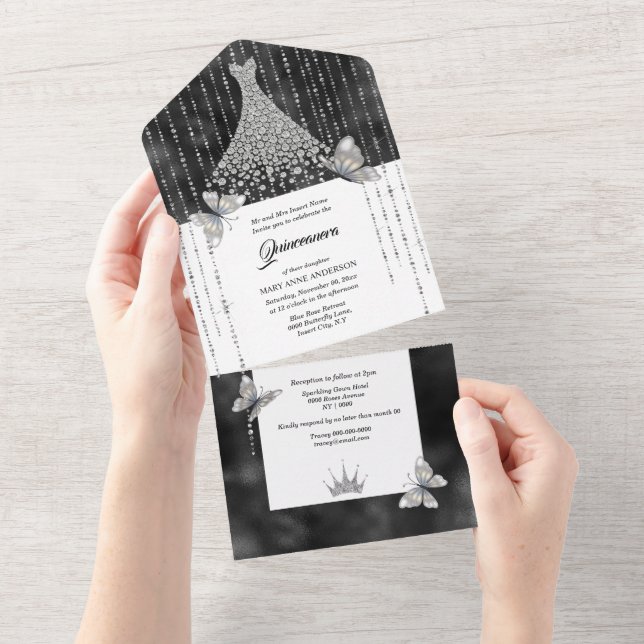 Black silver glitter rhinestone dress elegant chic all in one invitation (Tearaway)