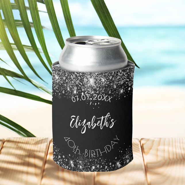 Black silver glitter script birthday can cooler (Creator Uploaded)