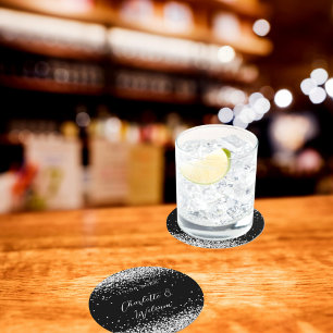 Black silver glitter script wedding round paper coaster