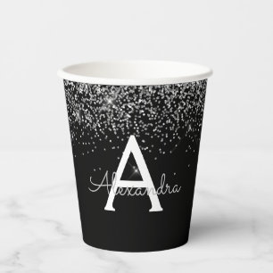Black Silver Glitter Sparkle Monogram Paper Cups