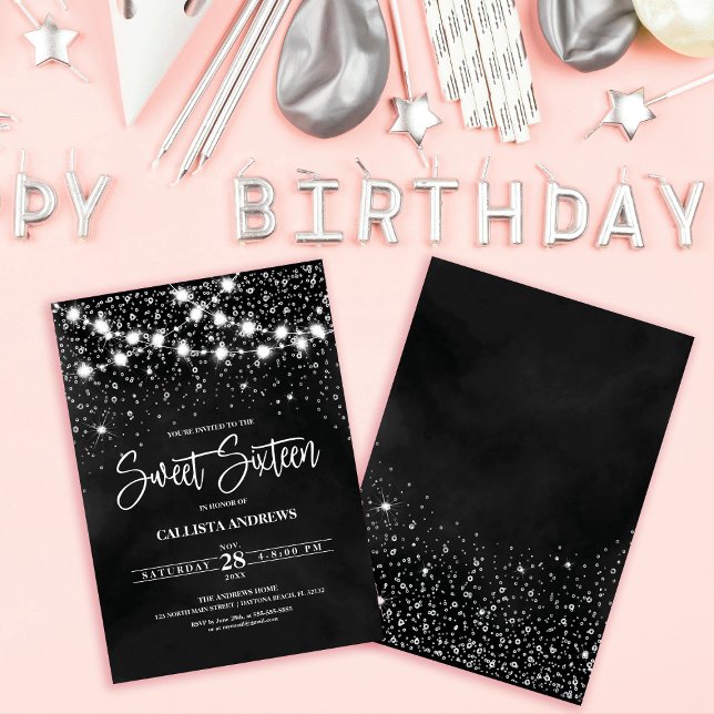 Black Silver Glitter Sparkles Lights Sweet 16 Invitation (Creator Uploaded)