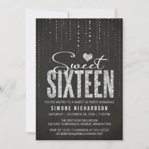 Black & Silver Glitter Sweet 16 Invitation