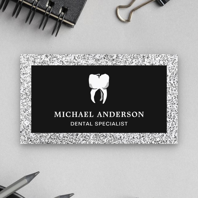 Black Silver Glitter Tooth Dental Clinic Dentist Business Card (Creator Uploaded)