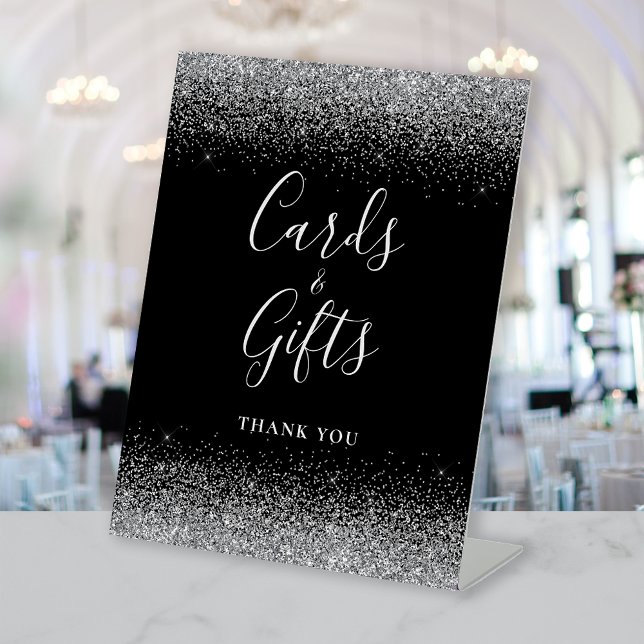 Black Silver Glitter Wedding Cards and Gifts Pedestal Sign (Creator Uploaded)