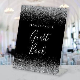 Black Silver Glitter Wedding Guest Book Pedestal Sign
