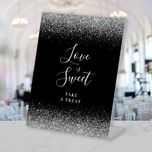 Black Silver Glitter Wedding Love Is Sweet Pedestal Sign