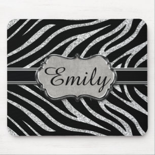 Black Silver Glitter Zebra Pattern Monogram Mouse Pad