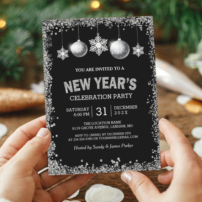 Black Silver Glitters New Year's Eve Party Invitation (Creator Uploaded)