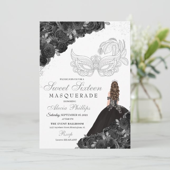 Black Silver Glittery Princess Dress Masquerade Invitation (Standing Front)