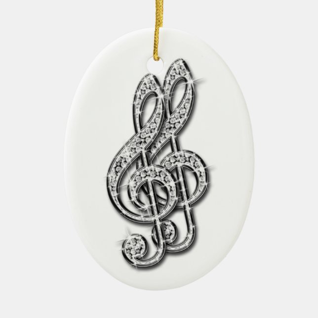 Black & Silver Glitzy Sparkly Diamond Music Notes Ceramic Ornament (Front)
