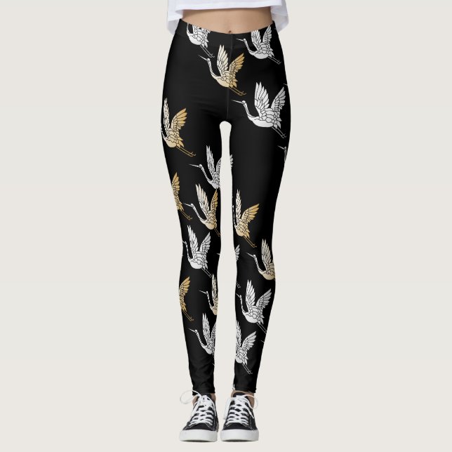 Black Silver Gold Crane Japanese Pattern Leggings (Front)