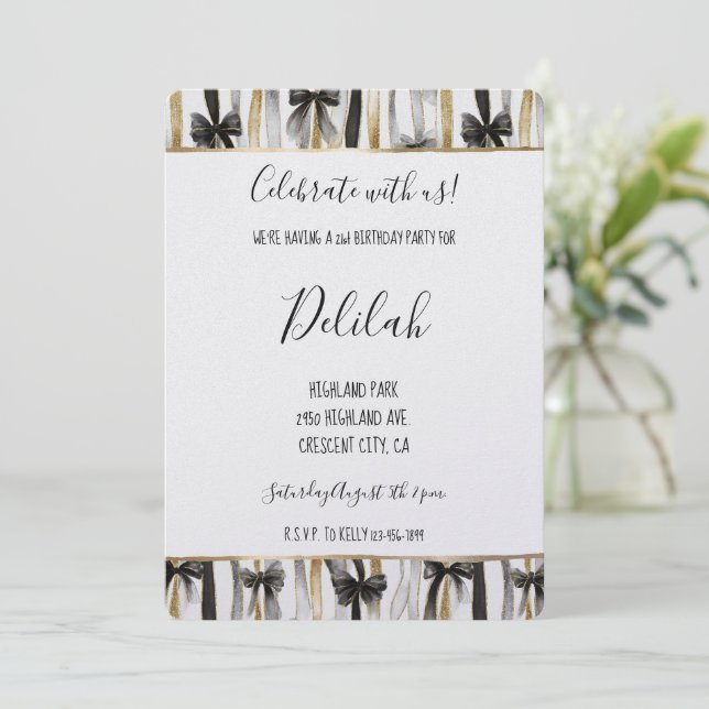 Black Silver Gold Glam Ribbons & Bows Birthday Invitation (Standing Front)
